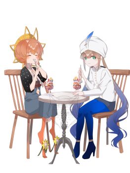 Rule 34 | 1boy, 1girl, androgynous, black shorts, blonde hair, blue hair, blue leggings, blue overalls, blue pantyhose, blush, braid, breasts, brown hair, captain nemo (fate), captain nemo (first ascension) (fate), chair, closed eyes, commentary request, crown braid, fate/grand order, fate (series), flower, food, gradient hair, green eyes, hat, hat feather, high heels, highres, holding, holding spoon, ice cream, jacket, leggings, long hair, long sleeves, looking at viewer, military uniform, multicolored hair, naval uniform, nemo (fate), overalls, pantyhose, puffy sleeves, shorts, side braid, simple background, sitting, small breasts, smile, spoon, sunflower, table, tanutika, turban, twintails, van gogh (fate), van gogh (first ascension) (fate), very long hair, white background, white turban