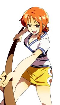 1girl bare_arms breasts brown_eyes cleavage collarbone commentary feet_out_of_frame fighting_stance highres holding holding_staff large_breasts looking_at_viewer miniskirt nami_(one_piece) narrow_waist one_piece open_mouth orange_hair sanam_1piece shirt short_hair short_sleeves single_sidelock skirt solo staff symbol-only_commentary v-neck white_background white_shirt yellow_skirt