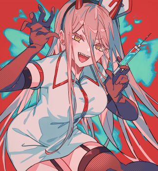 1girl chainsaw_man demon_girl demon_horns dress elbow_gloves gloves hat holding holding_syringe horns kanyoko_(yuzukano_17) long_hair looking_at_viewer nurse nurse_cap open_mouth pink_hair power_(chainsaw_man) red_horns sharp_teeth solo syringe teeth white_dress yellow_eyes