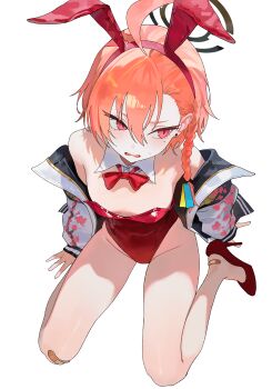 1girl absurdres ahoge animal_ear_hairband animal_ears asymmetrical_hair bandaid bandaid_on_foot bandaid_on_knee bandaid_on_leg black_halo blue_archive bow bowtie braid breasts commentary detached_collar fake_animal_ears hairband halo highres huge_ahoge jacket kneeling leotard nbee_ya neru_(blue_archive) neru_(bunny)_(blue_archive) orange_hair playboy_bunny print_jacket rabbit_ears red_bow red_bowtie red_eyes red_leotard simple_background single_braid small_breasts solo strapless strapless_leotard sukajan tag white_background