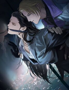 2boys bdsm bindi black_gloves black_hair black_shirt black_suit blonde_hair blue_eyes cityscape collar earrings final_fantasy final_fantasy_vii final_fantasy_vii_remake fingerless_gloves formal_clothes gagged gloves highres jewelry long_hair looking_at_another male_focus multiple_boys necktie night parted_lips profile red_eyes reflection rufus_shinra shirt short_hair shou_rou square_enix suit tseng turks_(ff7) white_shirt window wing_collar yaoi