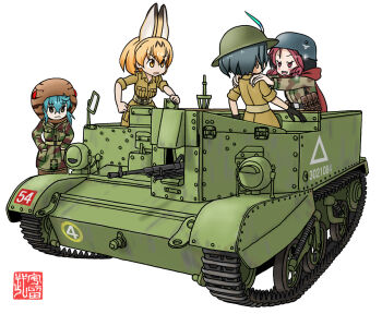 4girls alternate_costume blue_hair breast_pocket camouflage camouflage_jacket caterpillar_tracks gun hair_between_eyes hands_in_pockets hat_feather helmet jacket kaban_(kemono_friends) kemono_friends long_hair m.wolverine machine_gun medium_hair military_combat_uniform military_uniform multiple_girls pocket red_hair riku_(kemurikusa) rivets serval_(kemono_friends) sleeves_rolled_up tsuchinoko_(kemono_friends) universal_carrier unworn_headwear unworn_helmet weapon white_background yellow_eyes
