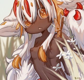 1girl animal_ear_fluff animal_ears arm_up armpits bare_shoulders breasts bug butterfly child claws dark-skinned_female dark_skin extra_arms faputa flute78103326 furry furry_female highres insect large_ears looking_at_animal made_in_abyss medium_breasts nature nipples open_mouth princess red_claws solo_focus very_dark_skin white_fur white_hair yellow_eyes