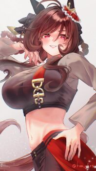 1girl alternate_costume animal_ears braid braided_hair_rings brown_hair ear_covers gentildonna_(umamusume) hair_rings heart-shaped_ornament heart_ear_ornament highres horse_ears horse_girl horse_tail kitsune_yuki navel solo tail umamusume