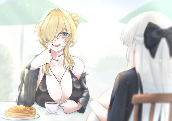 Rule 34 | 2girls, absurdres, bikini, black bikini, black jacket, blonde hair, blue eyes, breasts, butter, choker, cinderella (beautiful me) (nikke), cinderella (nikke), cleavage, coffee, collar, cross, cross choker, cup, dongtan dress, dress, eyewear hang, food, formal clothes, glasses, goddess of victory: nikke, grave (beautiful you) (nikke), grave (nikke), grey dress, hair over one eye, highres, jacket, jacket on shoulders, large breasts, leather bikini, long hair, maple syrup, metal collar, multiple girls, necklace between breasts, nukomaronikke, official alternate costume, pancake, pancake stack, pinstripe jacket, pinstripe pattern, pinstripe suit, plate, ponytail, short ponytail, suit, swimsuit, syrup, taut clothes, taut dress, unworn eyewear, very long hair, white hair