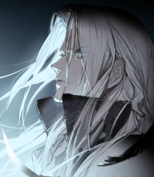 1boy aqua_eyes black_coat black_feathers closed_mouth coat falling_feathers feathers final_fantasy final_fantasy_vii grey_hair highres long_bangs long_hair looking_to_the_side male_focus parted_bangs popped_collar riio sephiroth sketch solo upper_body
