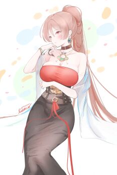 Rule 34 | 1girl, alternate costume, arm under breasts, azur lane, bare shoulders, black dress, blush, bracelet, breasts, brown choker, brown corset, brown hair, choker, cleavage, clothing request, collarbone, commentary request, corset, dress, earrings, feet out of frame, fingernails, hand up, high ponytail, highres, jean bart (azur lane), jewelry, large breasts, livetarica, long dress, long hair, looking to the side, neck, parted lips, polka dot, polka dot background, ponytail, red eyes, shoulder tattoo, signature, sitting, skindentation, solo, tattoo