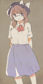 1girl aged_down arms_behind_back blue_skirt bow brown_background fedora feet_out_of_frame glasses hat hat_bow highres low_twintails purple_eyes red_bow school_uniform shirt short_twintails shukinuko skirt solo summer_uniform touhou twintails usami_sumireko white_shirt