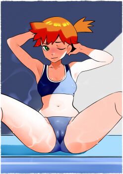 1girl absurdres bearflux bikini blue_bikini blush breasts collarbone green_eyes highres looking_at_viewer misty_(pokemon) navel nintendo nipples one_eye_closed orange_hair pokemon pokemon_frlg ponytail pool poolside short_hair side_ponytail sitting small_breasts smile spread_legs swimsuit teasing wet wet_clothes wink