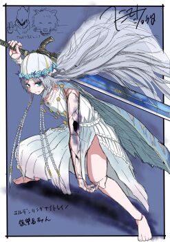 1boy 1girl ^_^ animal_ears artorias_the_abysswalker barefoot blue_eyes braid cloak closed_eyes crack cracked_skin dark_souls_(series) dark_souls_i doll_joints dress elden_ring elden_ring_nightreign feet flower_wreath great_grey_wolf_sif greatsword grey_hair head_wreath headdress helmet highres holding holding_sword holding_weapon huge_weapon hunched_over jewelry joints knight long_hair miya_zirou necklace parody pose_parody revenant_(elden_ring) signature sword thighs v very_long_hair weapon white_dress wolf wolf_ears