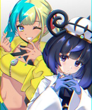 2girls ;d adversarial_noise bandeau black_dress black_hair blonde_hair blue_gloves blue_hair blue_nails canari_(pokemon) chromatic_aberration closed_mouth coat commentary_request cropped_jacket dark-skinned_female dark_skin dress eyelashes finger_heart gloves gwynn_(pokemon) hat jacket kakiko210 long_sleeves looking_at_viewer mask_pull multicolored_hair multicolored_nails multiple_girls navel nintendo one_eye_closed open_clothes open_coat open_jacket open_mouth partially_fingerless_gloves pokemon pokemon_legends:_z-a purple_eyes purple_hair short_hair smile split-color_hair two-tone_nails upper_body white_coat wide_sleeves yellow_bandeau yellow_jacket yellow_nails