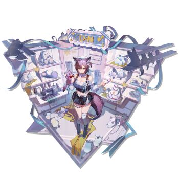 1girl 3mo animal_ears arknights bare_shoulders black_boots black_skirt boots breasts cake candy cleavage crop_top dur-nar_(arknights) dur-nar_(plush_cake)_(arknights) food fork fox_ears fox_girl fox_tail full_body highres holding large_breasts lollipop long_sleeves looking_at_viewer midriff miniskirt navel off-shoulder_shirt off-shoulder_sweater off_shoulder official_alternate_costume official_art purple_eyes purple_hair shelf shirt short_hair single_sock single_thighhigh skirt smile socks solo standing stuffed_animal stuffed_toy sweater tail thigh_strap thighhighs transparent_background white_thighhighs