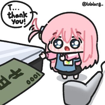 1girl apron banknote barcode barcode_scanner blush bocchi_the_rock! chibi english_text gotoh_hitori highres lulalang mini_person minigirl money pink_hair speech_bubble