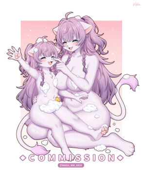 2girls animal_ears armpits arms_up blush closed_eyes commentary commission convenient_censoring english_commentary full_body furry furry_female highres loli long_hair long_sleeves mo_(k40633) mother_and_child mother_and_daughter multiple_girls nude original parent_and_child purple_hair sitting smile snout soap_bubbles soap_censor tail thick_eyebrows thighs