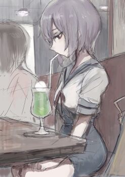 Rule 34 | 1girl, 1other, absurdres, blue skirt, bob cut, chuhaibane, drinking, drinking straw, endless eight, expressionless, food, highres, kita high school uniform, looking down, nagato yuki, parfait, purple hair, school uniform, shirt, sketch, skirt, suzumiya haruhi no yuuutsu, white shirt