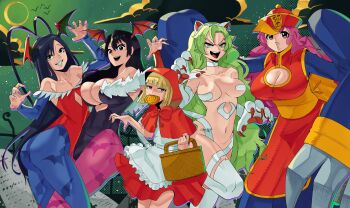 1boy 4girls animal_ears b.b._hood b.b._hood_(cosplay) bambietta_basterbine black_eyes black_hair bleach bleach:_sennen_kessen-hen blonde_hair breasts candice_catnipp cleavage_cutout clothing_cutout cosplay darkstalkers fake_animal_ears fake_wings felicia_(darkstalkers) felicia_(darkstalkers)_(cosplay) giselle_gewelle green_eyes green_hair halloween_costume highres hsien-ko hsien-ko_(cosplay) large_breasts lilith_(darkstalkers) lilith_(darkstalkers)_(cosplay) liltotto_lamperd meninas_mcallon morrigan_aensland morrigan_aensland_(cosplay) multiple_girls pink_eyes pink_hair print_thighhighs red_hood small_breasts thighhighs tombstone wanderjegson wings yellow_eyes