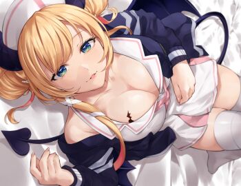 1girl black_horns black_jacket black_wings blonde_hair blue_eyes blush breast_tattoo breasts cleavage commentary demon_girl demon_horns demon_tail demon_wings double_bun dress dutch_angle hair_bun hat heart heart_tattoo highres hololive horns jacket knees_up large_breasts long_hair looking_at_viewer lying nurse nurse_cap off_shoulder official_alternate_costume on_back parted_lips pointy_ears rena_sakuma short_dress solo symbol-only_commentary tail tattoo thighhighs virtual_youtuber white_dress white_thighhighs winged_heart winged_heart_tattoo wings yuzuki_choco yuzuki_choco_(nurse)