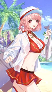 1girl beach bikini blue_sky blush breasts cleavage fire_emblem fire_emblem_engage fire_emblem_heroes fish flat_cap flower hat helen_(helen2210hk) highres holding jacket jewelry lapis_(fire_emblem) lapis_(forager_of_the_sea)_(fire_emblem) looking_at_viewer medium_breasts multicolored_bikini navel necklace nintendo official_alternate_costume open_mouth outdoors palm_tree pink_eyes pink_hair red_bikini see-through_clothes see-through_jacket short_hair sky smile solo stomach sunflower swimsuit tackle_box tree two-tone_hat white_hat white_jacket