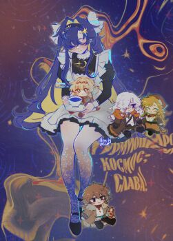 Rule 34 | 1girl, absurdres, apron, black dress, black hairband, blonde hair, blue background, blue hair, calamity brezze, character doll, closed eyes, colored inner hair, cup, doll, dress, frilled apron, frills, full body, hair intakes, hair ornament, hairband, highres, holding, holding cup, holding saucer, invisible chair, juliet sleeves, kiperina, long hair, long sleeves, multicolored hair, name day (reverse:1999), puffy sleeves, reverse:1999, russian text, saucer, short dress, sitting, smile, solo, star (symbol), star hair ornament, teacup, very long hair, vila (reverse:1999), voyager (reverse:1999), white apron, windsong (reverse:1999)