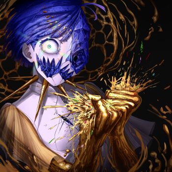 1other angry aqua_eyes black_background blue_hair body_horror clenched_hands cracked_skin crushing glint gold golden_arms hands_up highres hole_in_head houseki_no_kuni liquid looking_at_viewer miine_1029 moon_uniform_(houseki_no_kuni) one-eyed other_focus phosphophyllite phosphophyllite_(ll) see-through_clothes see-through_sleeves shards short_hair short_sleeves solo spoilers upper_body wide_sleeves
