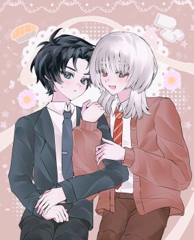 Rule 34 | 2boys, :<, :d, absurdres, akinashi haru, annoyed, arm hug, black hair, black jacket, black pants, black suit, blue necktie, blush, brown cardigan, brown pants, cardigan, chinese commentary, collared shirt, commentary request, cowboy shot, diagonal-striped clothes, diagonal-striped necktie, dress shirt, formal clothes, happy, highres, jacket, lapels, looking at viewer, looking down, male focus, medium hair, multiple boys, necktie, open mouth, pants, parted bangs, red necktie, saihate eki, shirt, short hair, sitting, smile, striped clothes, suit, suit jacket, tatsunami shion, tinggesu27565, white hair, white shirt