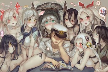 Rule 34 | ..., 1boy, 6+girls, ?, ^^^, abyssal admiral (kancolle), abyssal ship, admiral (kancolle), ahoge, airfield princess, armored aircraft carrier oni, bare shoulders, battleship princess, between legs, bikini, bikini top only, black bikini, black gloves, black hair, black panties, blush, book, breast press, breasts, cannon, cleavage, collar, collarbone, commentary request, convenient censoring, cowgirl position, desk, doggystyle, female pervert, flying sweatdrops, girl on top, gloves, green eyes, grey background, hair over one eye, hand between legs, hand on another's shoulder, hand on own cheek, hand on own face, harem, hat, heart, hetero, horns, jpeg artifacts, kantai collection, large breasts, long hair, looking at another, looking down, military, military uniform, multiple girls, naval uniform, nude, on table, open book, open mouth, over shoulder, pale skin, panties, pervert, ponytail, pornography, reading, red eyes, riding, ru-class battleship, sailor hat, school uniform, sex, sex from behind, shocker, short hair, short sleeves, side-tie panties, sigh, simple background, sitting, skin-covered horns, skindentation, smile, southern ocean war princess, spoken blush, straddling, sweat, swimsuit, ta-class battleship, table, tears, translated, twintails, underwear, v arms, walzrj, white hair, wo-class aircraft carrier, yellow eyes, yo-class submarine