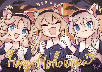 3girls ane_hoshimaru animal_ears black_dress blonde_hair blue_hair cat_ears cosplay dress facing_viewer gloves grey_hair happy_halloween highres janus_(kancolle) javelin_(kancolle) jervis_(halloween)_(kancolle) jervis_(kancolle) jervis_(kancolle)_(cosplay) kantai_collection long_hair looking_at_viewer matching_outfits multiple_girls notice_lines open_mouth smile teeth upper_teeth_only white_gloves