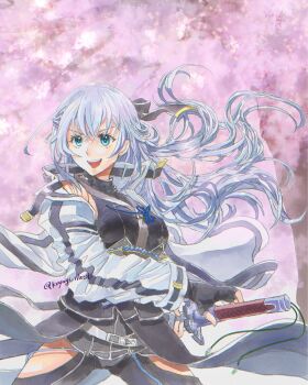 Rule 34 | 1girl, beads, blue eyes, cherry blossoms, clothing cutout, commentary request, crossed bangs, denim, double-parted bangs, eiyuu densetsu, grey hair, half updo, highres, holding, holding sword, holding weapon, jeans, katana, koyagistock, kuro no kiseki (series), kuro no kiseki i, loose clothes, pants, weapon tassel, prayer beads, shizuna rem misurugi, sword, sword tassel, tassel, thigh cutout, torn clothes, torn jeans, torn pants, weapon, weapon tassel, white hair