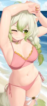 1girl absurdres ahoge alternate_costume animal_ears armpits beach belly bikini braid braided_ponytail breasts curvy ferret ferret_ears ferret_girl ferret_tail frilled_bikini frills gradient_hair gradient_tail green_eyes green_hair green_nails green_tail hair_between_eyes highres hourglass indie_virtual_youtuber laimu_(vtuber) medium_breasts midriff multicolored_hair multicolored_tail navel ocean one_eye_closed pink_nails sand skindentation stretching swimsuit tail thigh_strap thighs two-tone_hair two-tone_tail vinesauce virtual_youtuber water wet white_hair white_tail yoako