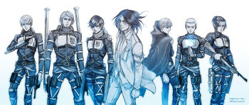 2girls 5boys aged_up armband armin_arlert armor belt black_hair blonde_hair bodysuit boots brown_hair cape capelet cloak coat connie_springer emblem eren_yeager facial_hair facial_mark flashlight floch_forster gun handgun hood hooded_cape hooded_capelet hooded_cloak jacket jean_kirstein long_hair long_sleeves looking_at_viewer male_focus mikasa_ackerman military military_uniform monochrome mskei multiple_boys multiple_girls paradis_military_uniform ponytail rifle rocket rocket_launcher sasha_blouse scarf shingeki_no_kyojin short_hair strap survey_corps_(emblem) thigh_strap three-dimensional_maneuver_gear thunder_spears timeskip weapon