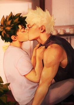 2boys bakugou_katsuki black_shirt boku_no_hero_academia closed_eyes closed_mouth clothes_grab commentary crew_neck english_commentary freckles grey_pants indoors kiss male_focus midoriya_izuku multiple_boys pants plant shirt shirt_grab short_hair sleeveless sleeveless_shirt spiked_hair toned toned_male twitter_username white_shirt xinrinas yaoi