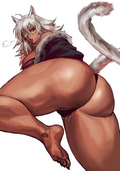 1girl absurdres animal_ear_fluff animal_ears ass ass_focus barefoot black_jacket bra breasts cameltoe cat_ears cat_tail dark-skinned_female dark_skin eyepatch feet from_behind from_below fur-trimmed_jacket fur_trim ghislaine_dedoldia grey_hair highres jacket large_breasts looking_at_viewer looking_back looking_down muscular muscular_female mushoku_tensei panties parted_lips purple_bra purple_panties red_eyes scar sharp_toenails soles solo tail thick_thighs thighs thong toenails underwear virgoart wet white_background