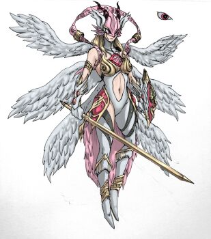 1girl angewomon armor digimon digimon_(creature) holy_ring oridigi original pixiv_user_(115736887) sword tailmon weapon wings