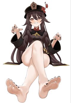 1girl black_hat black_nails blush brown_hair chinese_clothes coattails crossed_legs feet flower flower-shaped_pupils genshin_impact ghost_pose hair_between_eyes hat hat_flower hat_tassel highres hu_tao_(genshin_impact) jewelry long_hair looking_at_viewer no_shoes no_socks plum_blossoms porkpie_hat red_eyes ring sitting smile soles solo symbol-shaped_pupils tailcoat teeth tft_(tft7822) thighs toes twintails white_background