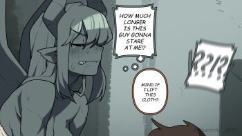 ... 1boy 1girl artist_name blush breasts brown_hair closed_eyes colored_skin commentary demon_girl demon_horns demon_tail demon_wings dress english_commentary expressionless from_side gargoyle grey_hair grey_skin highres horns indoors junkzero large_breasts monster_girl original parted_lips pedestal pointy_ears sharp_teeth solo_focus spoken_ellipsis sweat tail teeth twitter_username v-shaped_eyebrows white_dress wings