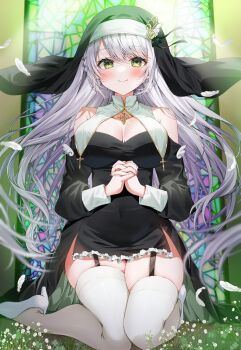 1girl absurdres bare_shoulders black_dress black_veil blush breasts cleavage cocoluce collar commentary_request commission detached_collar dress feather_hair_ornament feathers garter_straps green_eyes hair_ornament hanenone_cocone high-low_dress highres kneeling large_breasts light_rays long_hair long_sleeves looking_at_viewer nun nun_headdress own_hands_clasped own_hands_together second-party_source smile solo stained_glass thighhighs veil virtual_youtuber white_collar white_hair white_thighhighs yam_(yamap_mako)