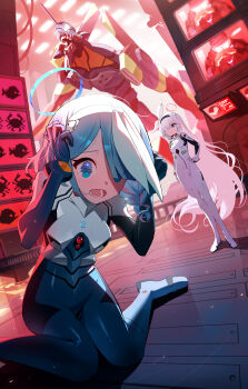 2girls absurdres alternate_costume arona_(blue_archive) ayanami_rei ayanami_rei_(cosplay) blue_archive blue_eyes blue_hair bodysuit breasts cosplay eva_01 grabbing_own_hair grey_eyes grey_hair highres holding_own_hair ikari_gendou ikari_gendou_(cosplay) ikari_shinji ikari_shinji_(cosplay) kim_yongha mecha_pilot_suit multicolored_hair multiple_girls nasan_(coldtime) neon_genesis_evangelion pink_hair plana_(blue_archive) plugsuit_(evangelion) small_breasts steam_(platform) thighs two-tone_hair