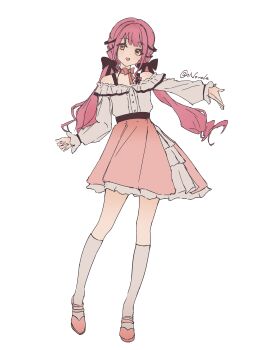 1girl absurdres artist_name bare_shoulders belt black_belt black_bow black_ribbon blunt_bangs bow bow_choker bowtie bra_strap brown_eyes buttons chinese_commentary choker commentary_request dot_nose eyelashes flat_color frilled_shirt frilled_skirt frilled_sleeves frills full_body hair_bow hair_ribbon happy high-waist_skirt highres infinity_nikki kneehighs layered_skirt long_hair long_sleeves low_twintails medium_skirt nikki_(nikki) nikki_(series) norala off-shoulder_shirt off_shoulder open_mouth outstretched_arm perfect_start_(infinity_nikki) pink_bow pink_bowtie pink_choker pink_hair pink_shoes pink_skirt pleated_skirt puffy_long_sleeves puffy_sleeves ribbon shirt shoes sidelocks simple_background skirt sleeves_past_wrists smile socks solo standing tachi-e tress_ribbon twintails very_long_hair wavy_hair white_background white_shirt white_skirt white_socks