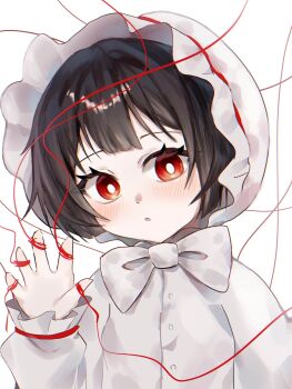 1girl aged_down baby black_hair blush bonnet bow bowtie bright_pupils commentary_request eyelashes highres korean_commentary limbus_company looking_at_viewer project_moon ranyo0680 red_eyes ryoshu_(project_moon) solo string upper_body white_background white_bow white_bowtie white_pupils