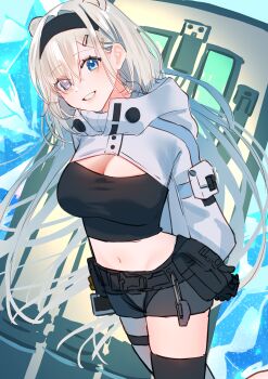 Rule 34 | 1girl, absurdres, animal ears, arknights, aurora (arknights), aurora (elite ii) (arknights), bear ears, bear girl, black hairband, black shirt, black shorts, black thighhighs, blue eyes, breasts, cleavage, commentary request, extra ears, eyes visible through hair, grey hair, grin, hair over one eye, hairband, highres, large breasts, long hair, looking at viewer, midriff, navel, pouch, shield, shirt, short shorts, shorts, shrug (clothing), single thighhigh, smile, solo, tachibana reiya, thigh strap, thighhighs, very long hair, white shrug