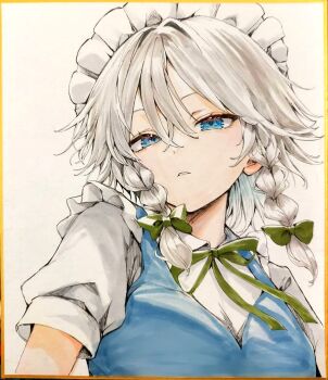1girl blue_eyes blue_vest bow braid collared_shirt commentary double-parted_bangs green_bow green_ribbon grey_hair hair_between_eyes hair_bow izayoi_sakuya looking_at_viewer maid_headdress medium_hair mikan_(manmarumikan) neck_ribbon parted_lips puffy_short_sleeves puffy_sleeves ribbon shikishi shirt short_sleeves side_braids simple_background solo touhou traditional_media vest white_background white_shirt