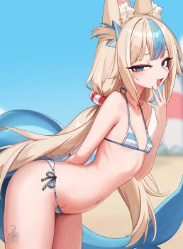 Rule 34 | 1girl, absurdres, animal ear fluff, animal ears, bare shoulders, bikini, blonde hair, blue eyes, blue hair, breasts, cat ears, collarbone, commentary, english commentary, fins, fish tail, flat chest, highres, indie virtual youtuber, leaning forward, long hair, looking at viewer, low twintails, mesugaki pose, micro bikini, multicolored hair, navel, open mouth, sameko saba, small breasts, solo, stomach, streaked hair, swimsuit, tail, twintails, unstableboiler, very long hair, virtual youtuber