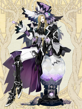 1boy :d arm_support ascot black_ascot black_boots black_capelet black_coat blonde_hair boots buttons capelet coat crossed_legs crystal_ball curtained_hair dairoku_ryouhei double-breasted eyeshadow eyeshadow_under_eye feather_trim frilled_shirt_collar frills full_body gaiters gem gloves green_eyes green_eyeshadow green_gemstone hat hat_ornament high_heel_boots high_heels highres holding holding_wand kanimori_(tw) knee_boots lapels long_hair long_sleeves looking_at_viewer makeup male_focus multicolored_eyeshadow open_clothes open_coat open_mouth oversized_hat oversized_object pants puffy_sleeves purple_coat purple_eyeshadow purple_gemstone purple_hat purple_vest reville_slave sharp_teeth sidelocks sitting sleeve_cuffs sleeves_past_wrists smile solo striped_coat swept_bangs tassel teeth thigh_strap top_hat two-sided_coat two-sided_fabric two-sided_headwear two-tone_headwear vertical-striped_coat vest wand whip white_gloves white_hat white_pants yellow_background