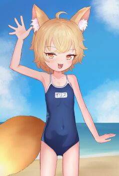 1girl absurdres ahoge animal_ears beach blonde_hair blue_one-piece_swimsuit commentary covered_navel english_commentary flat_chest fox_ears fox_tail highres iris_(pepzi) one-piece_swimsuit original outdoors pepzi school_swimsuit short_hair solo swimsuit tail