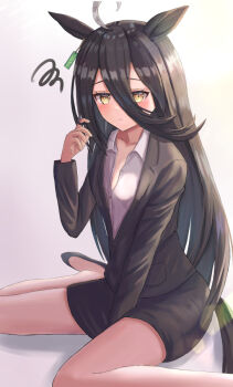 Rule 34 | 1girl, ahoge, animal ears, black hair, black jacket, black skirt, blush, breasts, closed mouth, collarbone, collared shirt, commentary request, ear tag, earrings, hair between eyes, horse ears, horse girl, horse tail, jacket, jewelry, long bangs, long hair, long hair between eyes, long sleeves, looking at viewer, manhattan cafe (umamusume), multicolored hair, office lady, shirt, shoes, simple background, single earring, sitting, skirt, small breasts, solo, squiggle, tail, thurumu, umamusume, very long hair, wariza, white hair, white shirt, yellow eyes