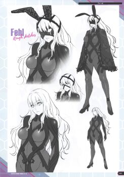 Rule 34 | 1girl, absurdres, animal ears, artbook, bent over, bodysuit, breasts, concept art, curvy, fail (super robot wars x-omega), fake animal ears, foreshortening, gluteal fold, highleg, highleg leotard, highres, jumping, large breasts, leotard, lips, looking at viewer, mask, medium hair, monochrome, multiple views, non-web source, official art, pink hair, rabbit ears, reference sheet, revealing clothes, scan, see-through clothes, see-through leotard, shatte judevesten, shiny clothes, simple background, super robot wars, super robot wars x-omega, thighhighs, watanabe wataru (character designer)