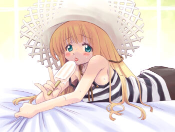 Rule 34 | 1girl, \m/, aqua eyes, bare arms, bed sheet, black camisole, black pants, blonde hair, camisole, hat, long hair, looking at viewer, lying, melting popsicle, minami juujisei, on stomach, original, pants, popped collar, raised inner eyebrows, sheet grab, solo, straw hat, striped camisole, tongue, tongue out