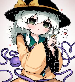 1girl :o black_eyes black_hat blush bow buttons collared_shirt commentary_request diamond_button dot_nose frilled_shirt_collar frilled_sleeves frills green_eyes green_hair hands_up hat hat_bow heart heart-shaped_pupils heart_of_string heripantomorrow holding holding_knife knife komeiji_koishi looking_at_viewer medium_hair raised_inner_eyebrows shirt simple_background solo spoken_heart symbol-shaped_pupils third_eye touhou upper_body white_background yellow_bow yellow_shirt