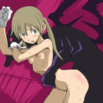 00s 1girl 1other breasts cl-55 demon gloves green_eyes loli lowres maka_albarn pussy_juice rape ribs scared skinny small_breasts soul_eater sweat twintails