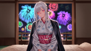 1girl aerial_fireworks ak-12_(girls'_frontline) alternate_costume anakasakas bed black_ribbon blush closed_mouth commentary_request duplicate fireworks floral_print girls'_frontline hair_ribbon highres indoors japanese_clothes kimono long_hair looking_at_viewer night pixel-perfect_duplicate print_kimono ribbon sky smile solo upper_body white_hair white_kimono